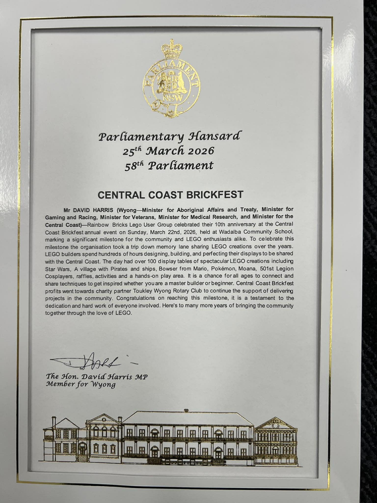 Community Recognition Statement Certificate from David Harris MP