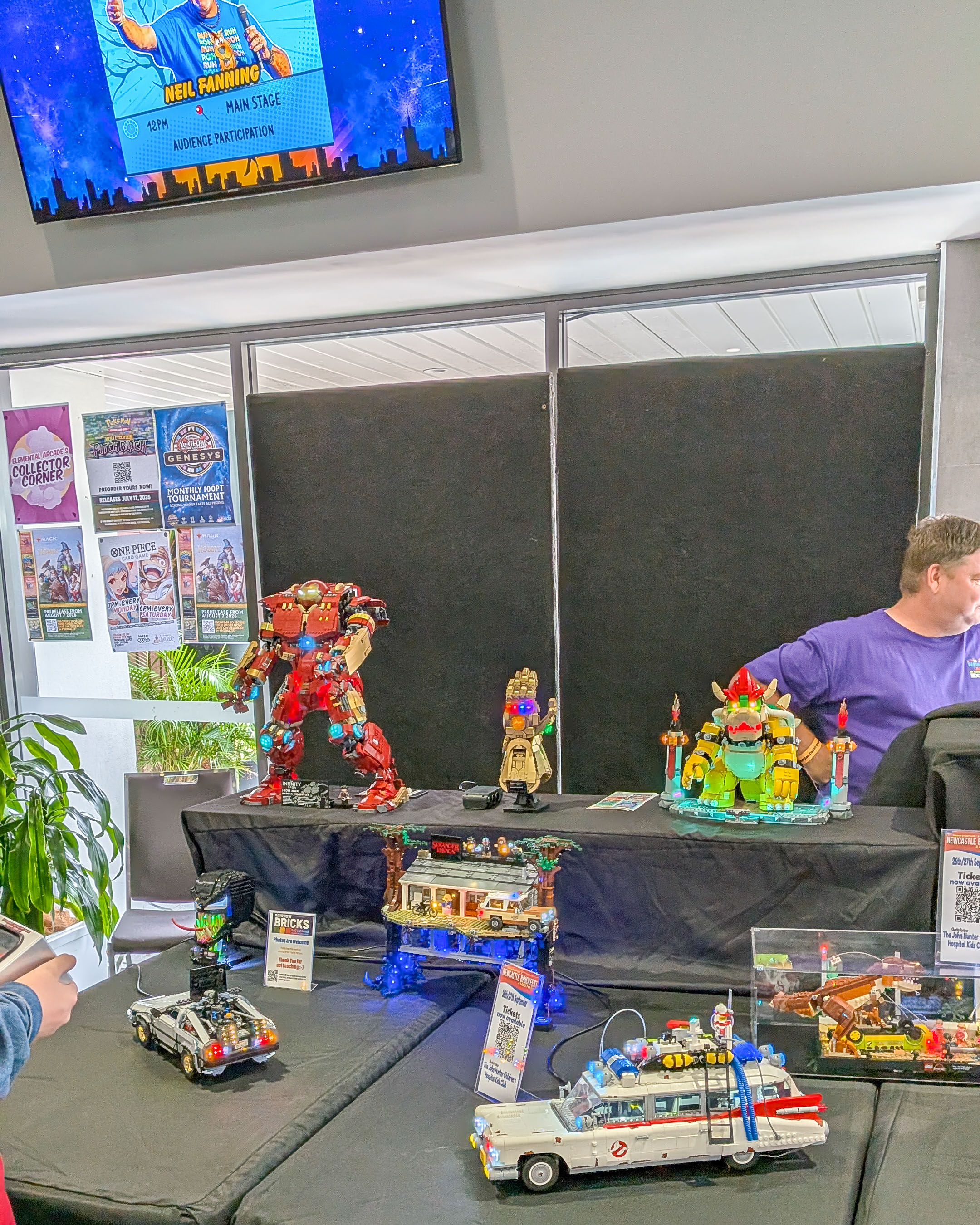 Pop culture LEGO sets including the Ghostbusters Ecto-1, Back to the Future DeLorean, and Marvel figures