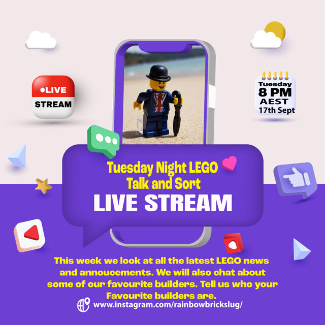 Join us on Tuesday Night LEGO: Talk and Sort at 8 pm [AEST]. When @saynotolimegreen @brickbluewren @oztwinmum and @rainbowbrickslug will discuss their favourite builders, plus the week in LEGO. Tell us about your LEGO building.
Let's connect, chat, and celebrate our love of LEGO together!
Where: www.instagram.com/rainbowbrickslug

#RebuildtheWorld 🤩🌈

Follow @rainbowbrickslug for more @LEGO
@legocertified_anz content

#rainbowbricks #LEGO #LEGOminifigs
#LEGOminifigures #instaLEGO #LEGOphoto
#LEGOphotography #LEGOfan
#toyphotography #LEGOinstagram #stuckinplastic
#LEGOstagram #brickcentral #LEGOgram
#LEGOmania #afol #bricksinfocus #LEGOfun
#LEGOfans #legocertifiedstores_anz #afolcommunity
#LEGOcommunity #LEGOTalkandSort #TuesdayNightLEGO #MOC #LEGOMOC #LEGOLiveStream #LEGOChat #LEGOBuilder