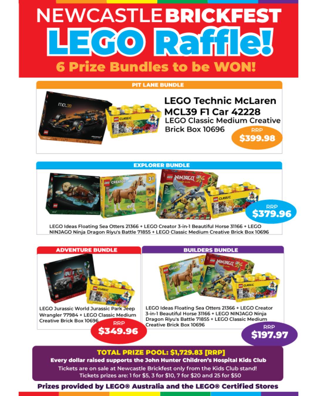 🚨 WIN OVER $1,700 IN LEGO® PRIZES! 🏎️✨
The @NewcastleBrickfest LEGO® Monster Raffle is locked and loaded with 6 massive prize bundles to win over the weekend!

Check out what’s up for grabs:
🏎️ Pit Lane Bundle ($399.98 RRP): LEGO® Technic McLaren MCL39 F1 Car + Classic Medium Creative Brick Box!
🦦 Explorer Bundle ($379.96 RRP): LEGO® Ideas Floating Sea Otters + Creator 3-in-1 Beautiful Horse + NINJAGO® Ninja Dragon Riyu’s Battle + Classic Brick Box!
Check the flyer for all the prize bundles!

Every single dollar raised from raffle sales goes straight to the John Hunter Children’s Hospital Kids Club to support sick kids and regional families!
Raffle tickets are available exclusively at the Kids Club stand during the event: 1 for $5, 3 for $10, 7 for $20, and 25 for $50.
📱 Comment LEGO below to book your entry tickets!👇

#NewcastleBrickfest #LEGORaffle #JohnHunterChildrensHospital #JHCHKidsClub #WinLEGO #RainbowBricks #TechnicMcLaren