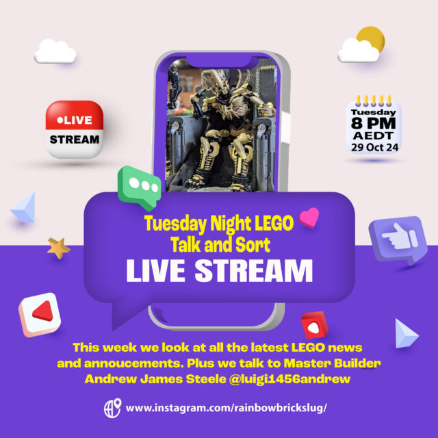 Join us on Tuesday Night LEGO: Talk and Sort Tonight at 8 pm [AEST]. When @saynotolimegreen @brickbluewren  @oztwinmum  and @rainbowbrickslug  will chat with Andrew James Steele, @luigi1456andrew  about his LEGO journey and his recent trip to Billund to have a number of his creations added to the LEGO House Masterpiece Gallery.
Plus we will cover the week in LEGO. Tell us about your LEGO week.
Let's connect, chat, and celebrate our love of LEGO together!
Where: www.instagram.com/rainbowbrickslug

#RebuildtheWorld 🤩🌈

Follow @rainbowbrickslug for more @LEGO
@legocertified_anz content

#rainbowbricks #LEGO #LEGOminifigs
#LEGOminifigures #instaLEGO #LEGOphoto
#LEGOphotography #LEGOfan
#toyphotography #LEGOinstagram #stuckinplastic
#LEGOstagram #brickcentral #LEGOgram
#LEGOmania #afol #bricksinfocus #LEGOfun
#LEGOfans #legocertifiedstores_anz #afolcommunity
#LEGOcommunity #LEGOTalkandSort #TuesdayNightLEGO #MOC #LEGOMOC #LEGOLiveStream #LEGOChat