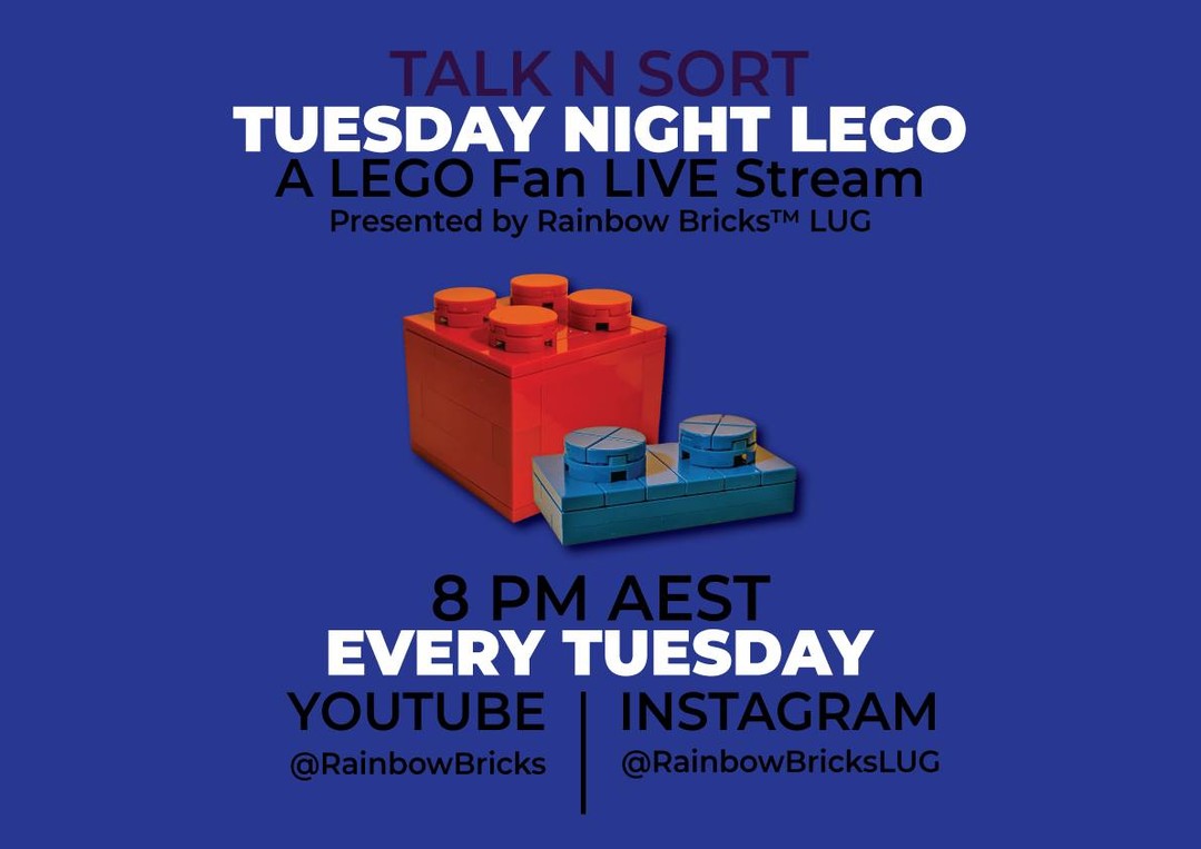 Clear off the building table, pull up your favourite sorting tub, and grab a drink — Talk n Sort: Tuesday Night LEGO® is live here TONIGHT at 8:00 PM AEST! 🧱🎙️

We’ve got a massive stream lined up tonight with plenty to talk through:
🏆 @NewcastleBrickfest Recap: Looking back at the weekend's massive flagship event at the Newcastle Racecourse — the incredible displays across nearly 300 tables, and raising vital funds for the John Hunter Children’s Hospital Kids Club!
📰 The Latest LEGO® News & Reveals: We’re breaking down all the newest announcements, October 1st launch previews, and upcoming set reveals.

Whether you’re parting out a bulk tub, winding down from the weekend, or building something fresh, come hang out with the @RainbowBricksLUG crew! ☕✨

#TalkNSort #RainbowBricks #LEGO #AFOL #NewcastleBrickfest #LEGONews #LEGOCommunity #TuesdayNightLEGO