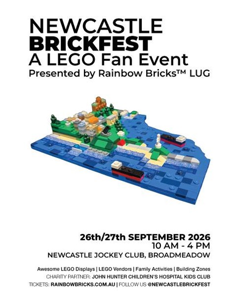 🧱 Only 17 sleeps left at the lower price! 🧱

@NewcastleBrickfest is almost here — Saturday 26th & Sunday 27th September at the @NewcastleRacecourse. Grab your tickets now for $10 pp or $35 per family before prices go up at 8 PM on the 25th September, the weekend of the event ($12 pp / $40 per family).

Nearly 300 tables, exhibitors from across Australia, cosplay characters, the Monster LEGO Raffle, LEGO vendors and more — it's shaping up to be our biggest Brickfest yet!

📍 Newcastle Jockey Club, Broadmeadow
📆 Saturday 26th & Sunday 27th September 2026
📱 Comment LEGO below and we’ll automatically DM you the ticket link!
❤️ Newcastle Brickfest directly support the John Hunter Children's Hospital Kids Club—helping fund vital medical equipment for kids across Northern NSW.

#NewcastleBrickfest #RainbowBricks #JHCHKidsClub #NSWBiggestLEGOEvent #NewcastleEvents #VisitNewcastle