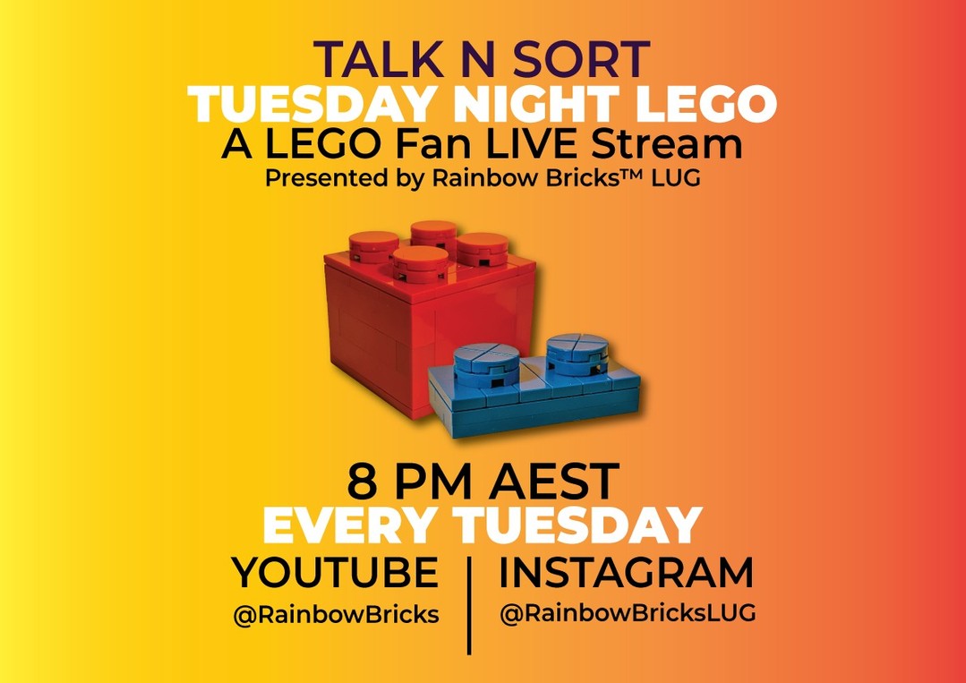 📺 TUESDAY NIGHT IS TALK N SORT TIME! 🧱🎙️
Need some company while you sort out your brick tubs or work on your latest MOC?

Join the @RainbowBrickslug tomorrow at 8:00 PM AEST for our weekly Talk n Sort live stream! We’ll be breaking down the latest LEGO® news, chatting about current building projects, and giving you behind-the-scenes updates on our Newcastle Brickfest preparations!

Direct stream links are pinned in our first comment below! 👇

#TalkNSort #RainbowBricks #LEGOCommunity #AFOLAustralia #BrickSorting #TuesdayNightLEGO