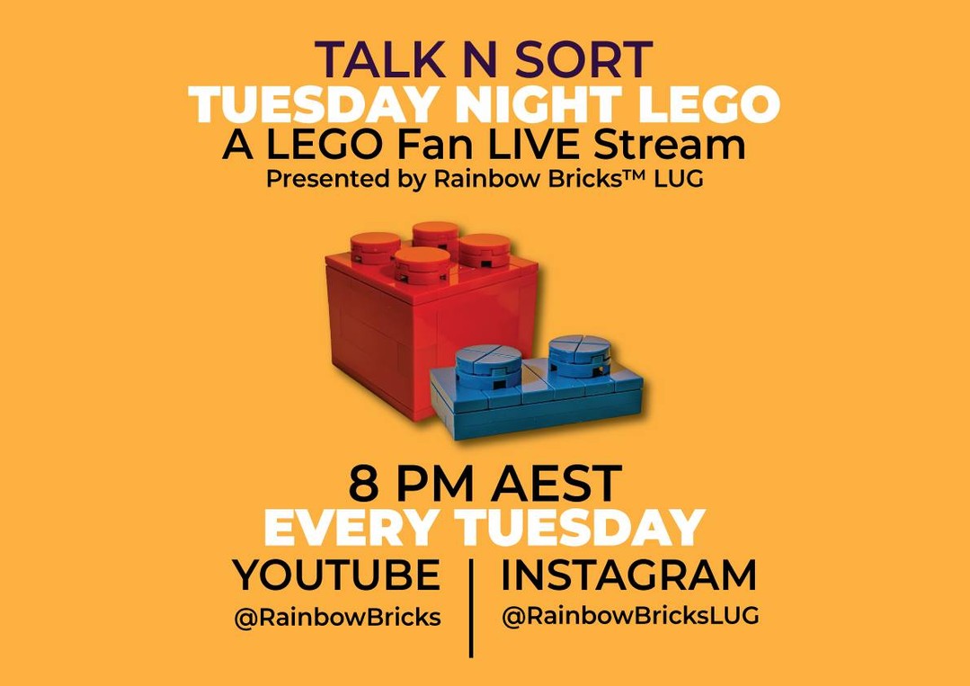 🚨 WE GO LIVE IN THREE HOURS! 🚨
Clear the desk, grab your bricks, and get your sorting trays sorted—Talk n Sort: Tuesday Night LEGO is live TONIGHT at 8:00 PM AEST!

 ⏰ Tonight, we will chat about all the LEGO® Fan Events coming up, catch up on the latest hobby news, and we’re keen to hear from you: Did you order or purchase anything from the 1st September new releases?
🧱✨Whether you're unboxing fresh September sets, parting out a bulk tub, or working away on your latest MOC, jump into the live chat here and say g'day!

See you in the chat at 8 PM! 👇

#TalkNSort #RainbowBricks #LEGO #AFOL #LEGOCommunity #RebuildTheWorld #TuesdayNightLive #LEGOEvents