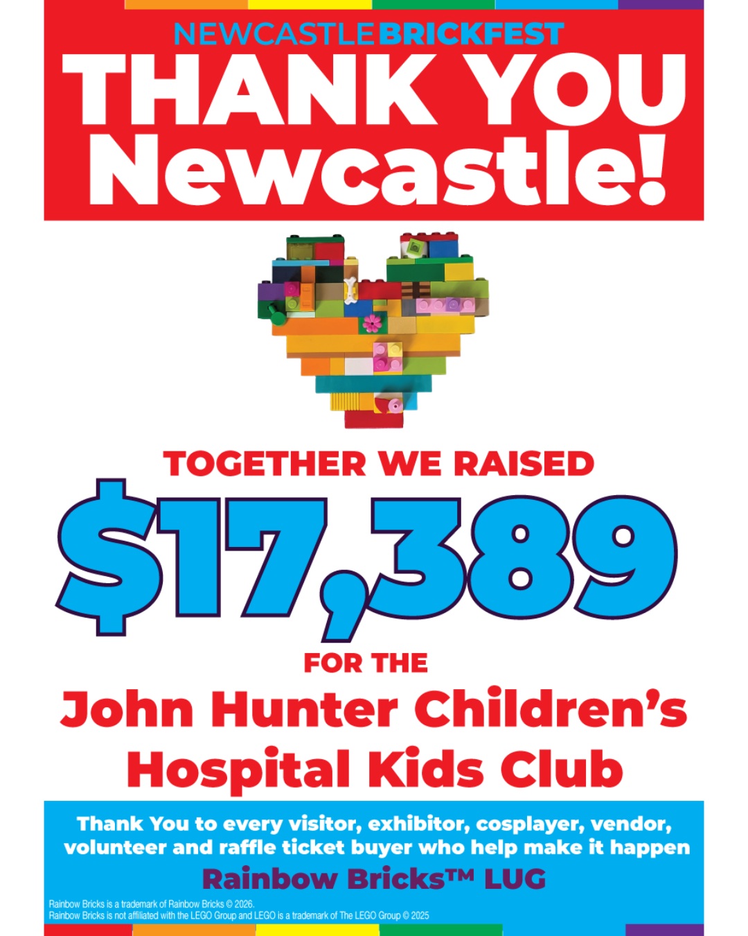 ❤️ THANK YOU, Newcastle! ❤️

We’re absolutely thrilled to announce that @newcastlebrickfest – A LEGO Fan Event has raised an incredible $17,389 for the John Hunter Children’s Hospital Kids Club! 🎉

A massive THANK YOU to everyone who attended, built, volunteered, supported and helped make Newcastle Brickfest such a wonderful event.

This achievement belongs to our amazing LEGO community. Together, we've shown that when people come together over something they love, they can make a real difference.

From all of us at @rainbowbrickslug, thank you for helping us turn a weekend of LEGO fun into something truly meaningful. ❤️

🧱 $17,389 raised. One amazing community. A cause worth building for.

#RainbowBricks #NewcastleBrickfest #NewcastleNSW #JohnHunterChildrensHospital #LEGOCommunity