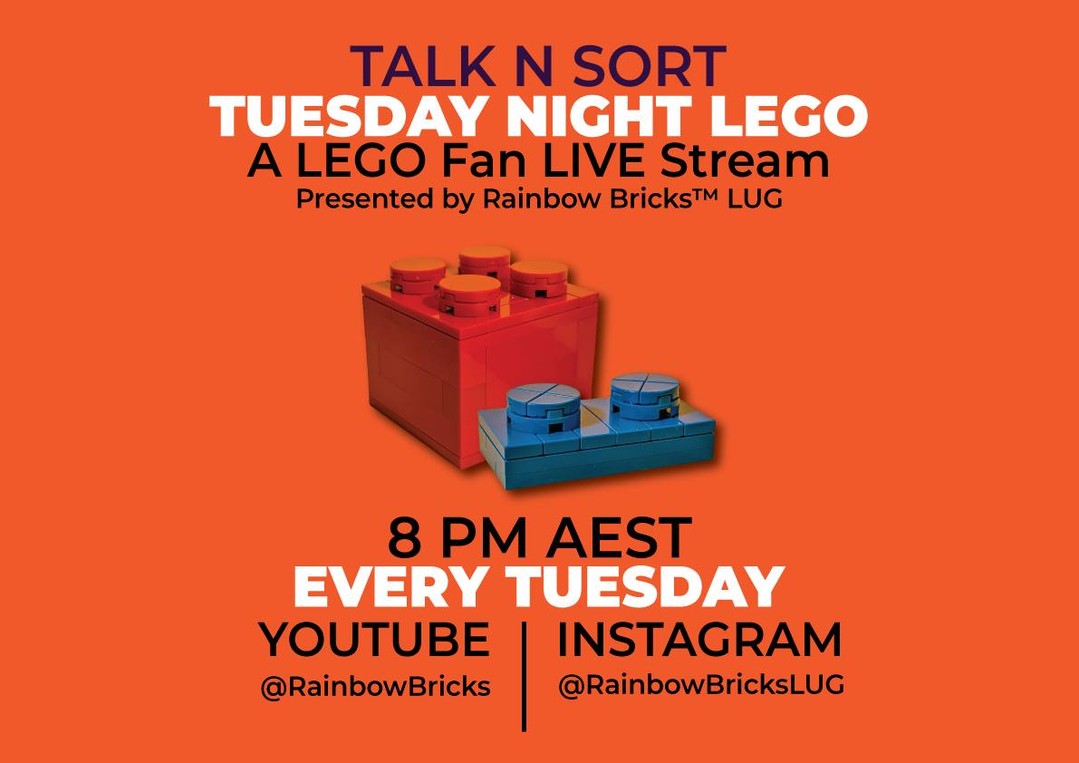 ⏰ Tonight! Talk N Sort: Tuesday Night LEGO, 8pm AEST

We're live in 2 hours! The @RainbowBricksLUG crew is chatting about the Melbourne Brick Show, BBX on the 12th/13th September, and this week's new set announcements.

An hour of LEGO news, banter and sorting — see you there!
Jump into the live chat here and say g'day! See you in the chat at 8 PM! 

#TalkNSort #RainbowBricks #LEGO #AFOL #LEGOCommunity #RebuildTheWorld #TuesdayNightLive #LEGOEvents