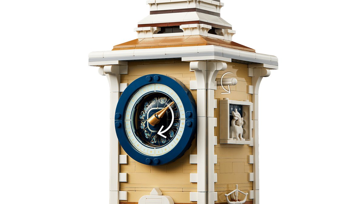 The astronomical clock face on the tower, with arrows showing the turning knob and moving hand