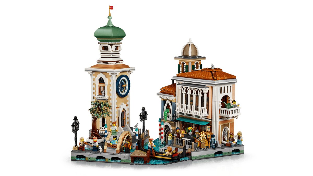 LEGO Icons 11388 Venetian Neighbourhood completed diorama with clock tower, villa and canal