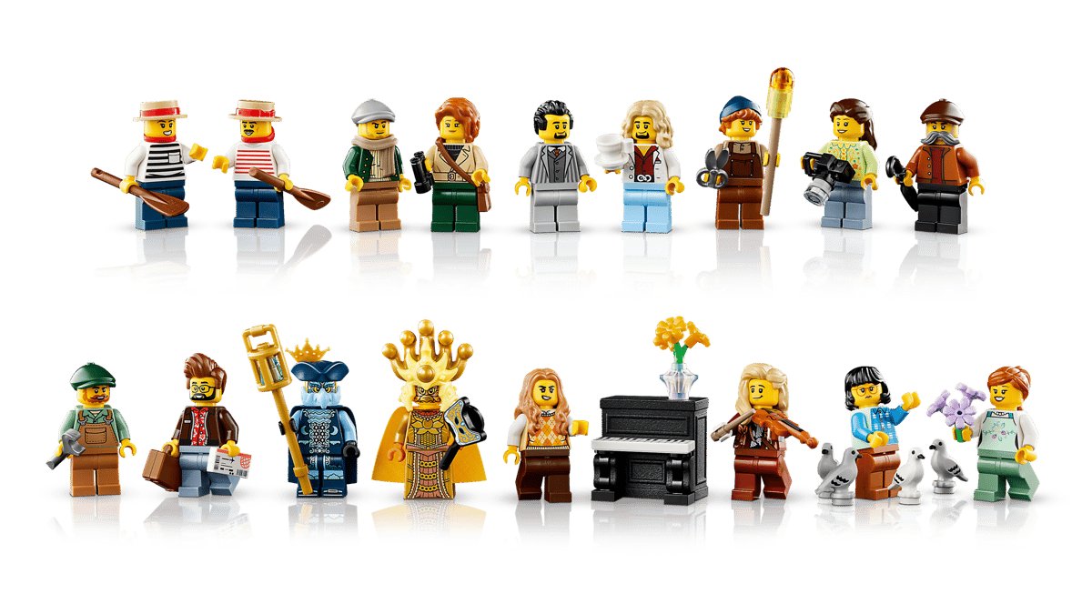 All 17 minifigures from LEGO 11388 lined up, with the piano and four pigeons