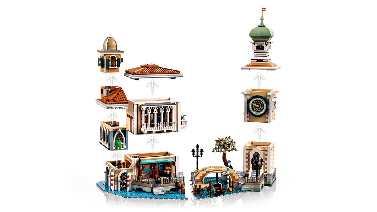 Exploded view showing the removable floors and roofs of the villa and clock tower