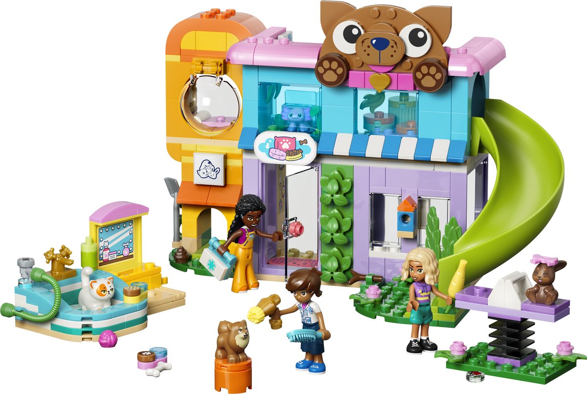 LEGO Friends 42709 Pet Care and Play Centre built, with minifigures and pets