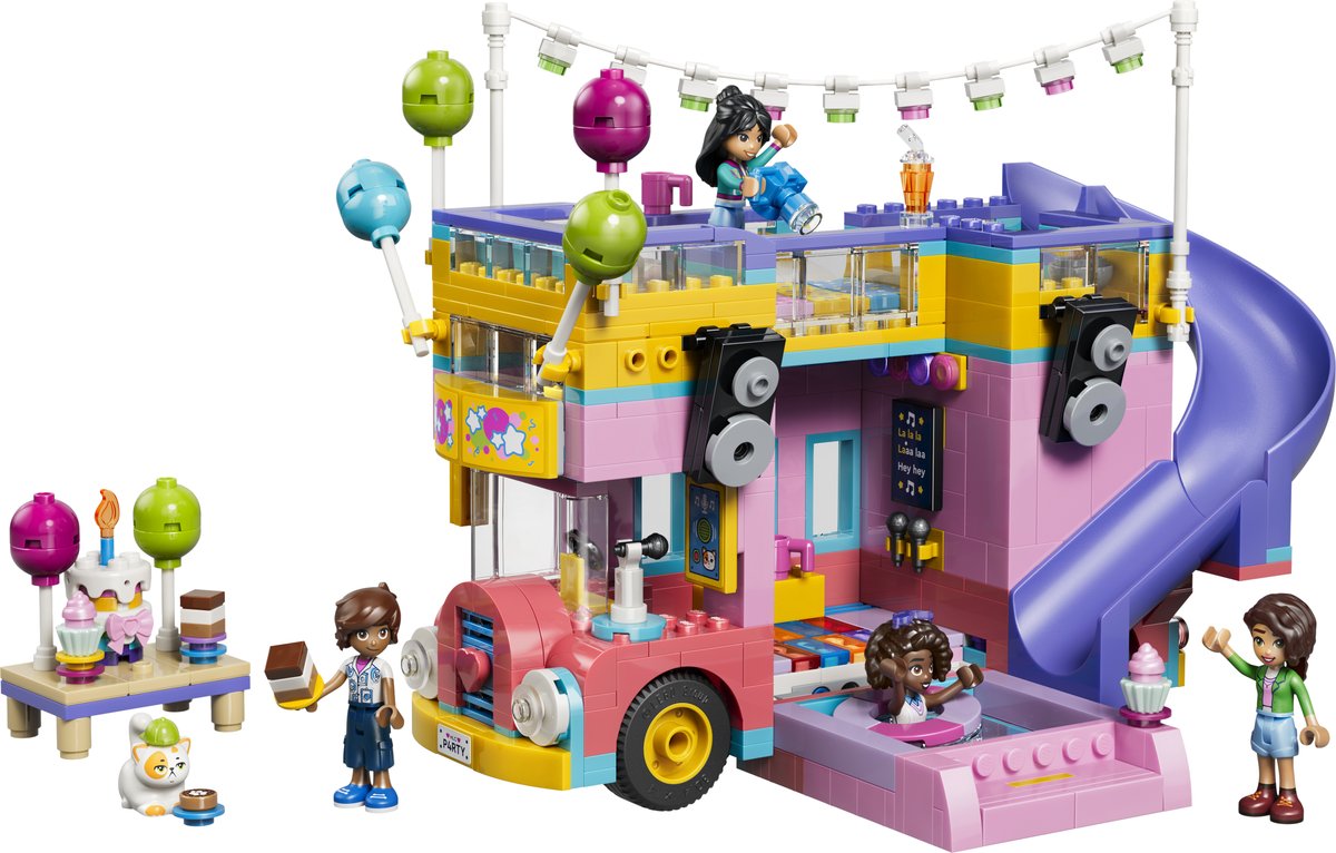 LEGO Friends 42718 Friendship Party Bus built, with minifigures, cake table and Churro the cat