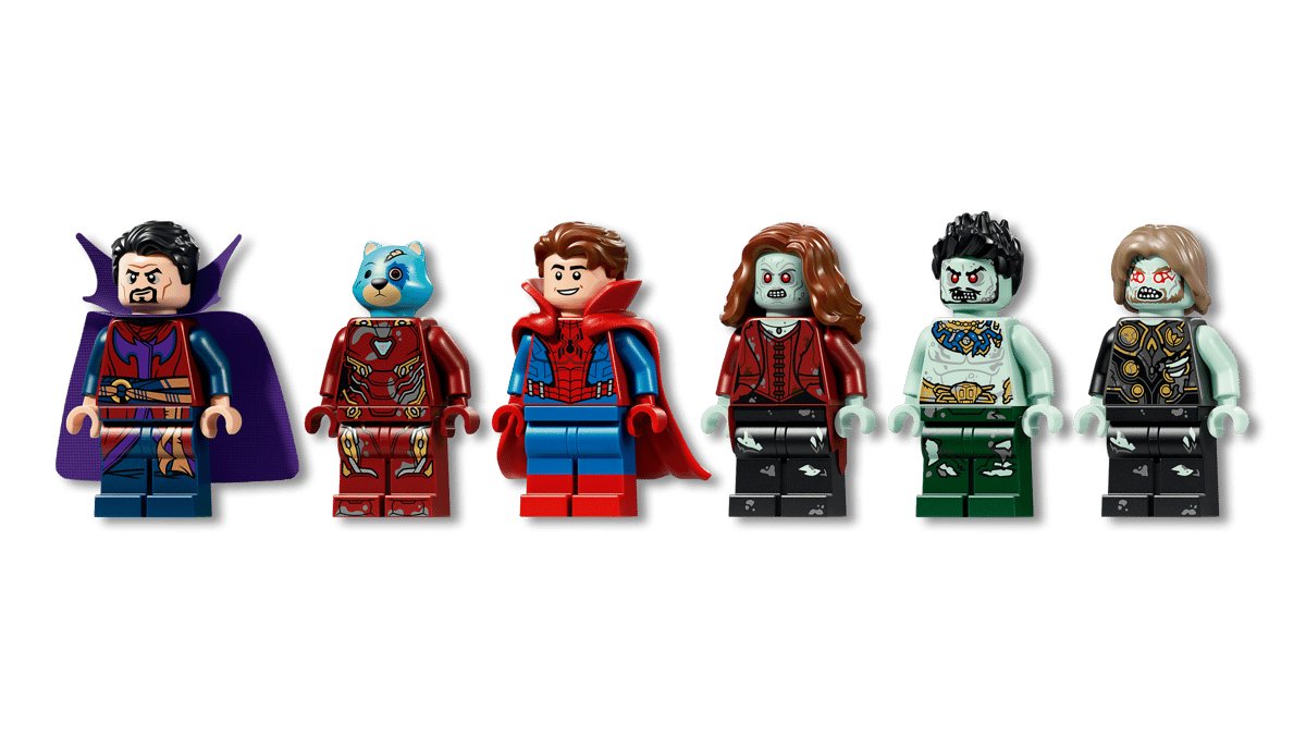 The six minifigures: Strange Supreme, F.R.I.D.A.Y., Zombie Hunter Spider-Man, Red Queen, Zombie Namor and Zombie Thor