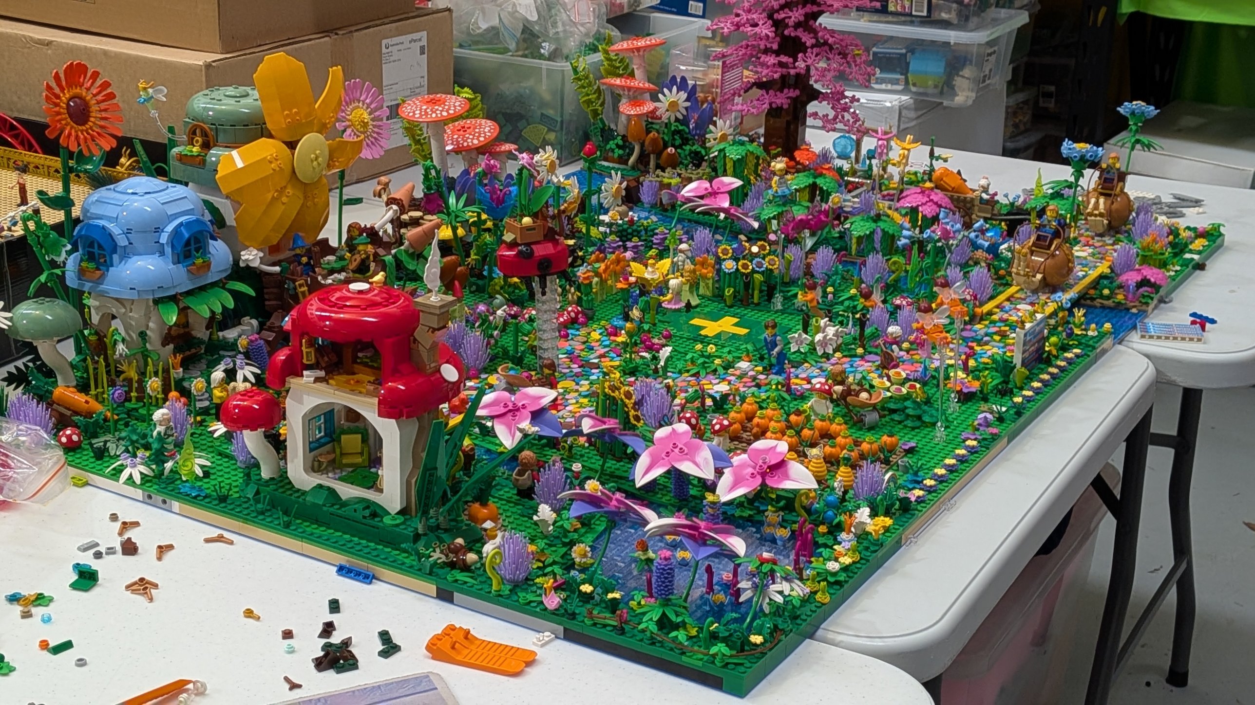 A Fantasy Forest LEGO build with mushroom houses, giant flowers and a blossom tree